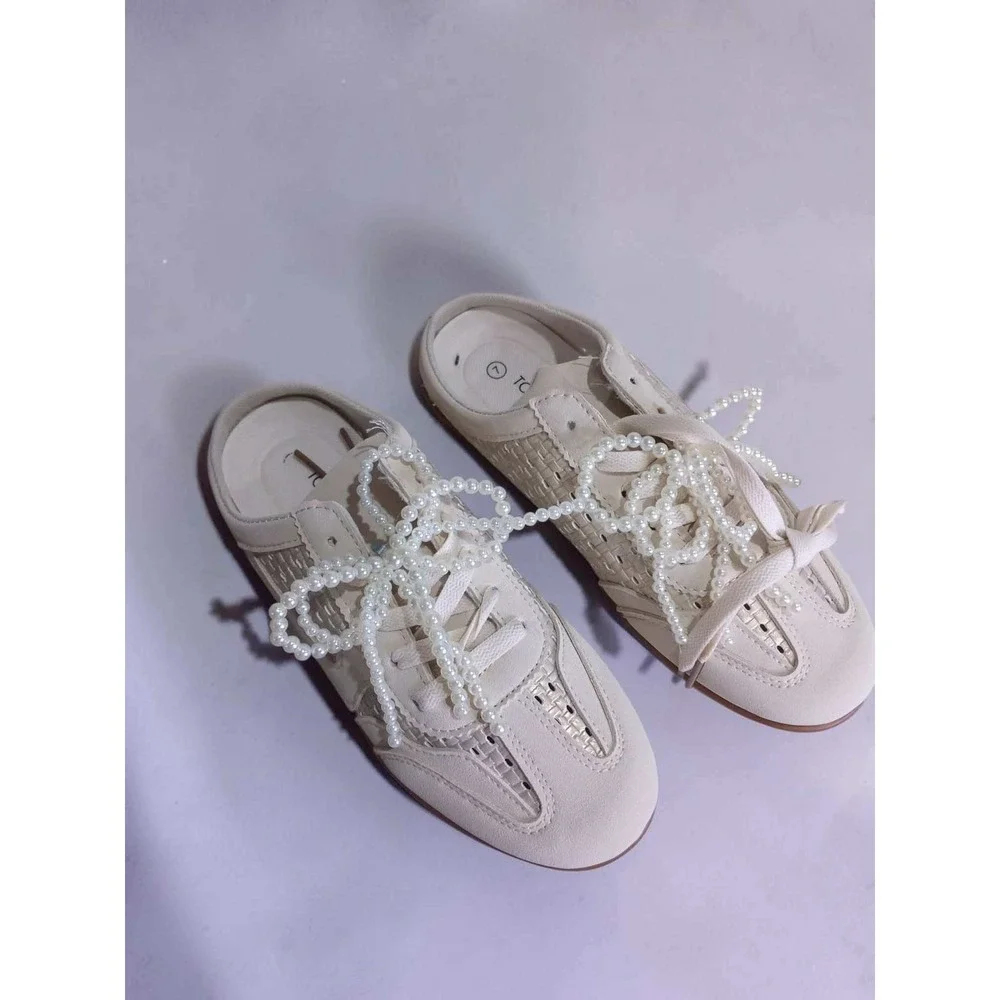 Top Moda Womens Woven Mesh Mule Sneakers with Faux Pearl Bow Accents Slip Ons